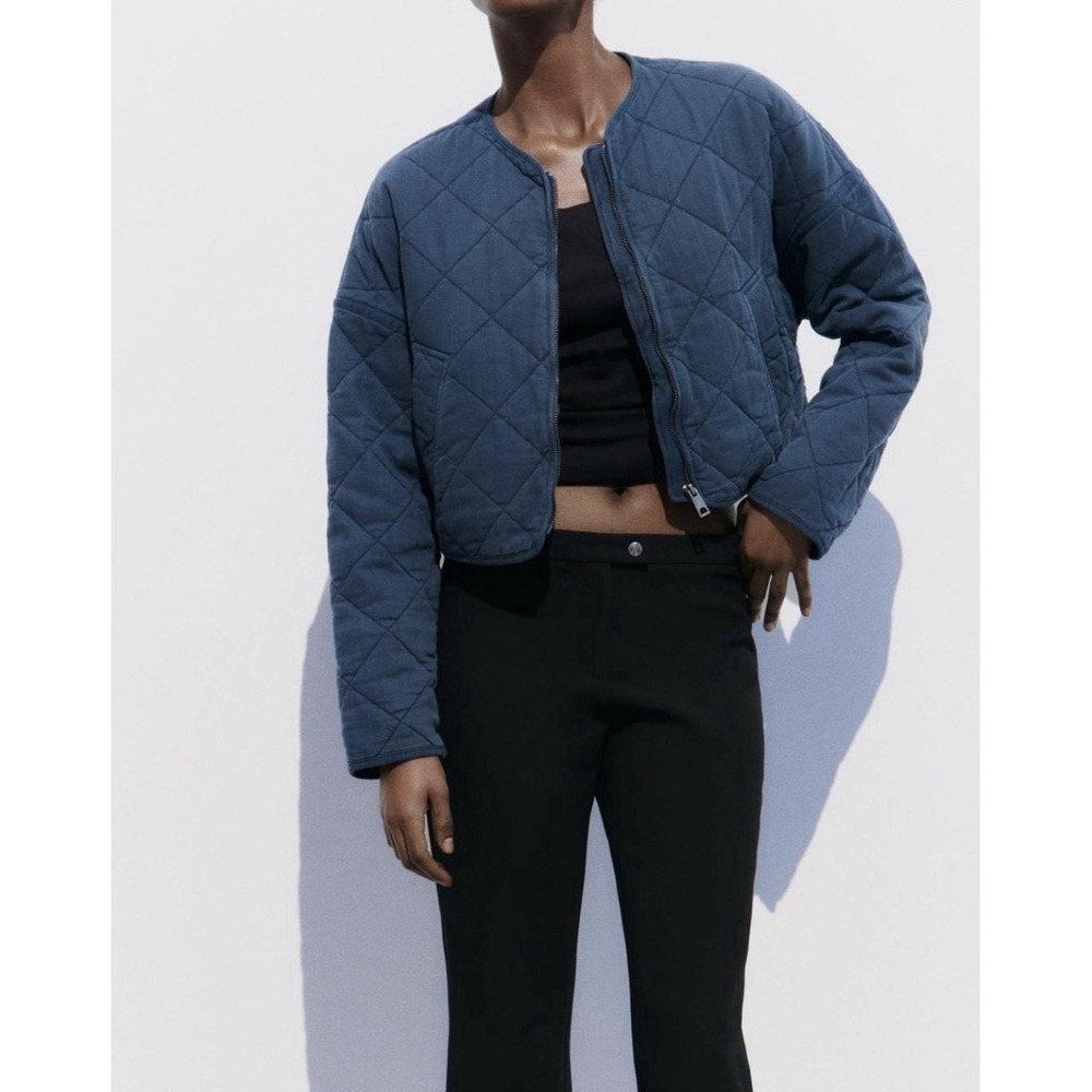 Zara Quilted Jacket Blue Cropped Utilitarian Copenhagen Gorpcore Military - Picture 8 of 9
